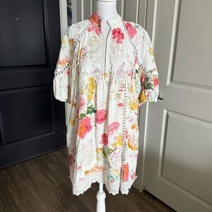Ciebon White Floral Print Shift Dress with Lace Trim Size L